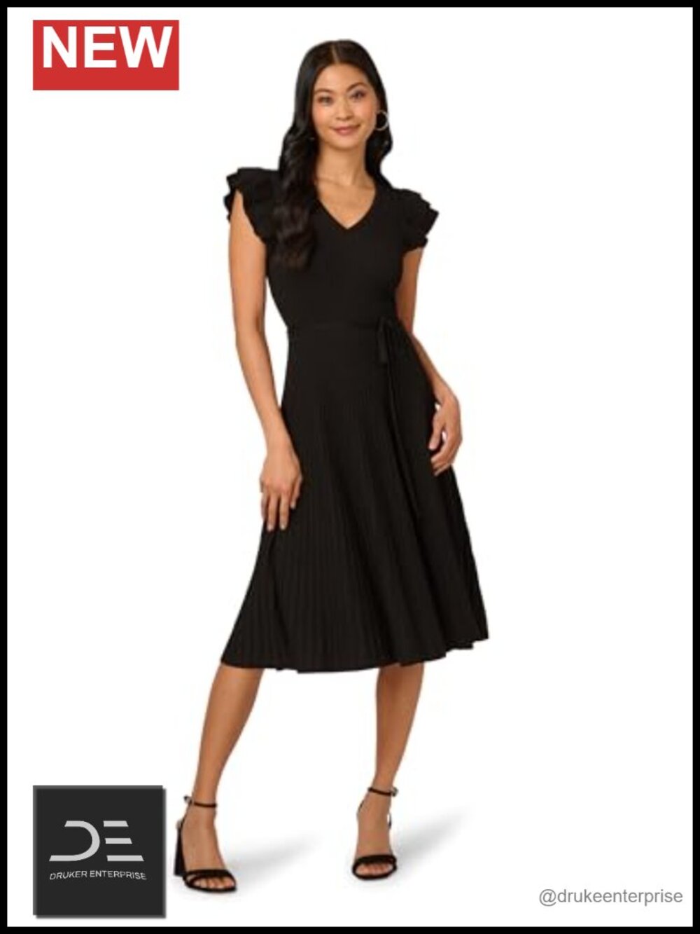 Women's V-Neck Midi Ribbed Sweater Dress with Double Ruffle Sleeves and Tie
